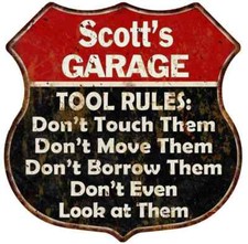 Scott's Garage Tool Rules Personalized Gift 12x12 Red Sign 211110027227