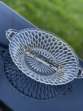 Vintage Indiana Glass Honeycomb Handled Clear Divided Relish Candy Dish Bowl Art