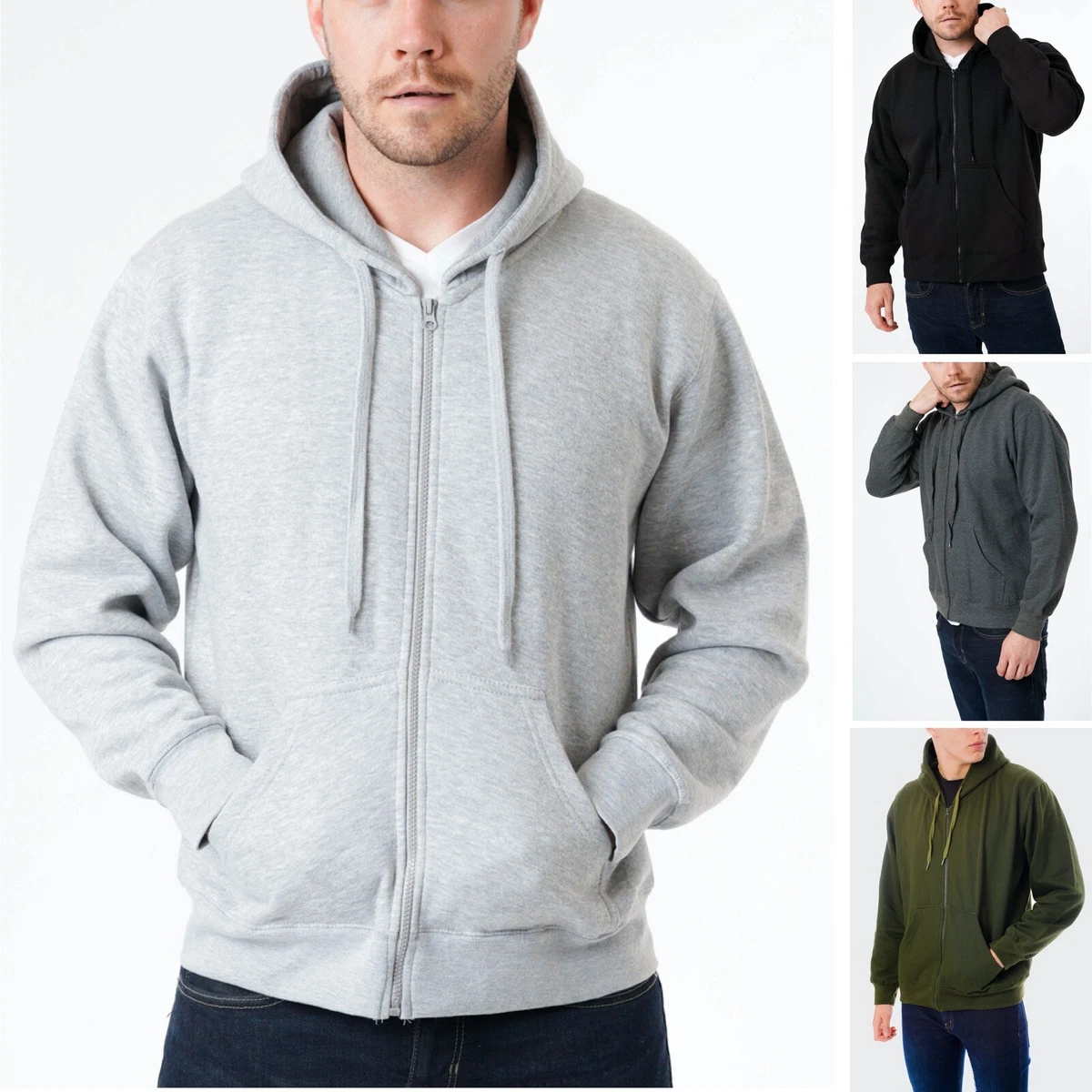 Mens Zip Up Hoodie Pullover Zipped Hoody Fleece Plain Sweatshirt