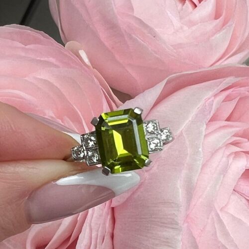 2.35 Ct Natural Peridot & Diamond Engagement Ring Solid 14K White Gold Rings 5 - Picture 2 of 6