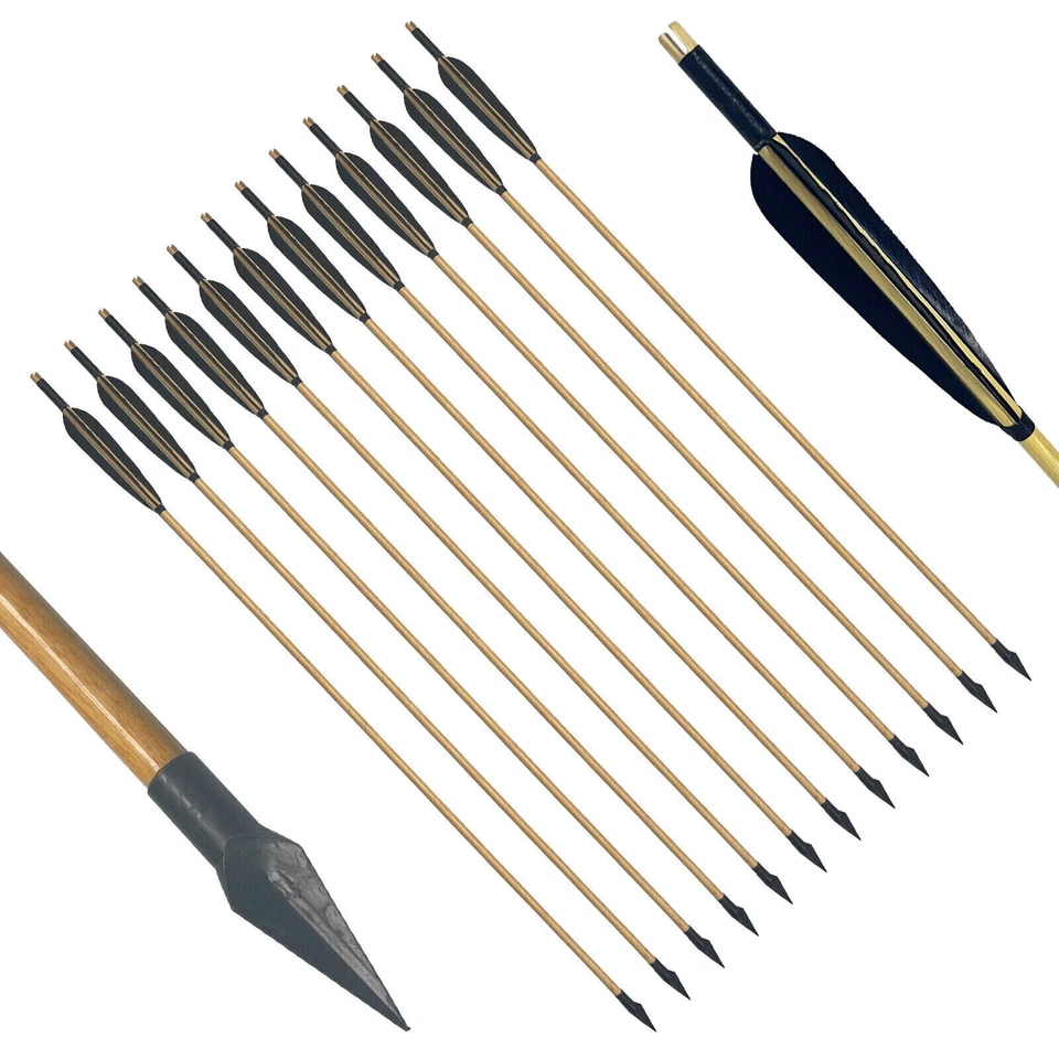 12Pcs Handmade Traditional Hunting 33" Wooden Arrow LongBow With Broadheads Tips - Image 3 of 4