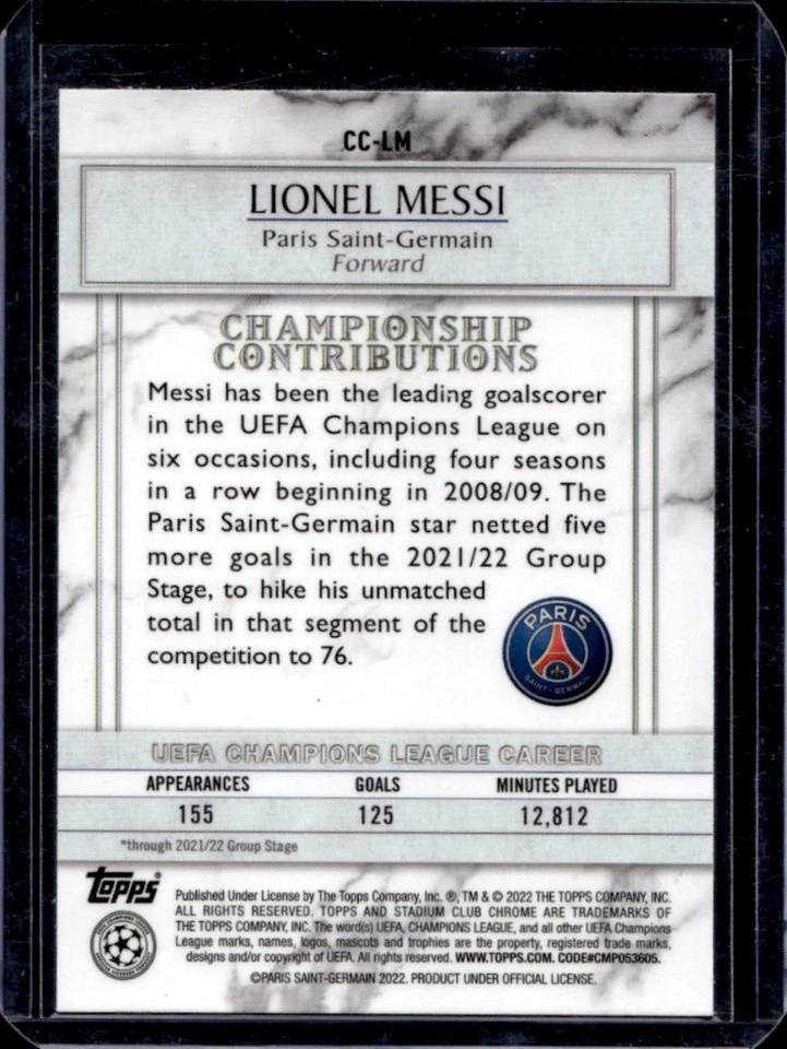 2021 Stadium Club Chrome UEFA Lionel Messi Championship Contributions #CC-LM PSG - Image 2 of 2