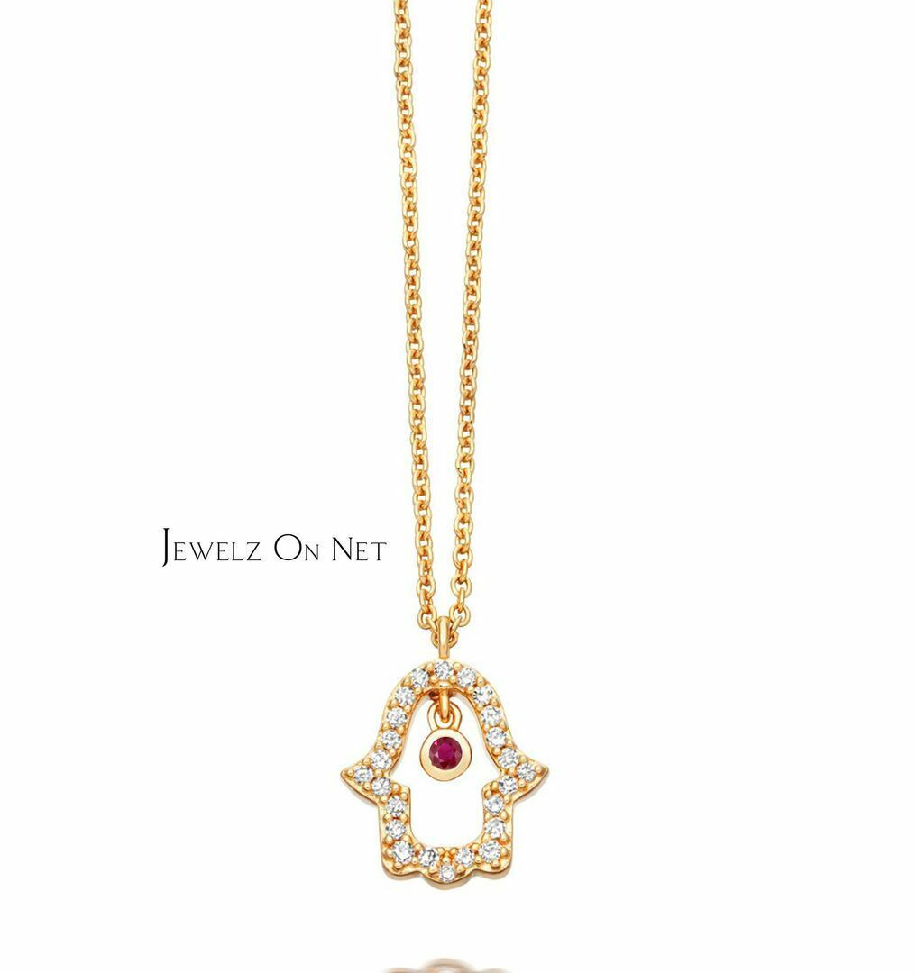 14k Gold Diamond Ruby Hamsa Gold Pendant Necklace-Ruby July Birthstone Jewelry