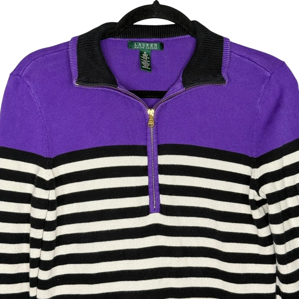 Suéter Lauren Ralph Lauren Mujer Talla M Púrpura Rayas 1/4 Cremallera Pullover Preppy Foto 3 de 4
