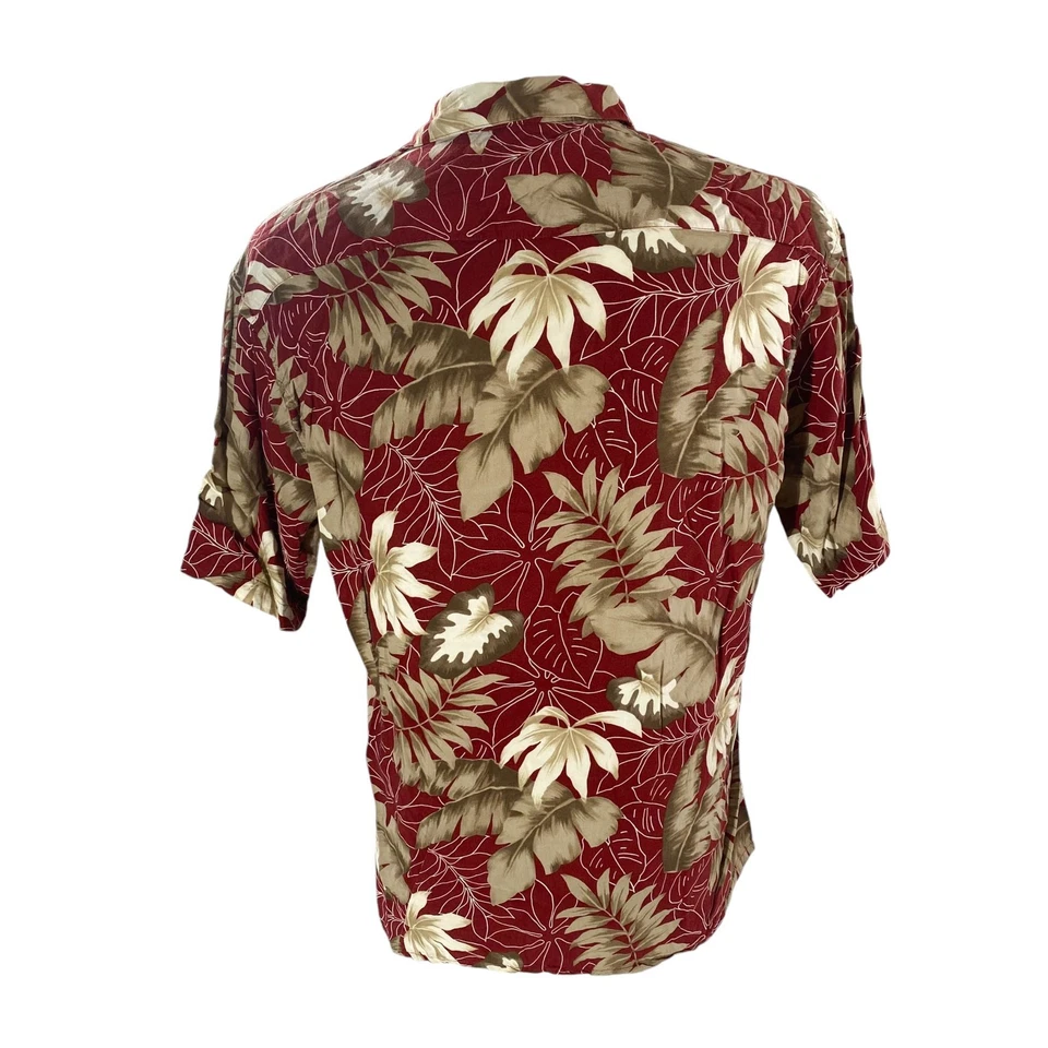 Camisa Aloha Van Heusen Grande Con Hojas Tropicales Florales Rojas Y Doradas - Imagen 3 de 4
