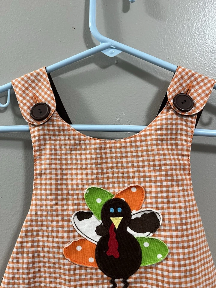 Kelly’s Kids Orange Gingham Appliquéd Turkey Pinafore Dress. 18 Months   - Image 3 of 4