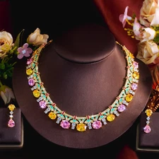 Gold Plated Multicolor Cubic Zirconia Wedding Drop Earrings Necklace Jewelry Set