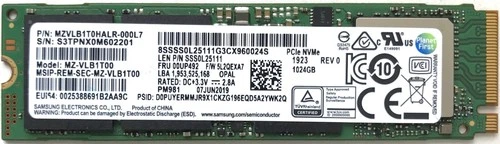 Samsung 1024GB M.2 PCIe Gen3x4 NVMe PM981 SSD PN: MZVLB1T0HALR-000L7 SSS0L25111