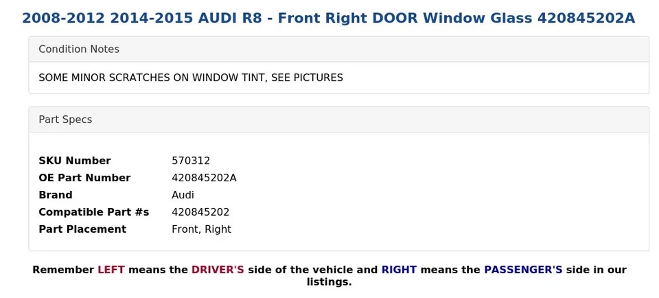 AUDI R8 2008-2012 2014-2015 - PUERTA DELANTERA DERECHA VENTANA CRISTAL 420845202A Foto 3 de 4