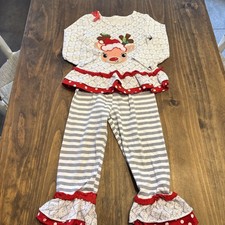 Christmas Reindeer Girls Long Sleeve Ruffle Leggings Outfit Set Size 18-24 M