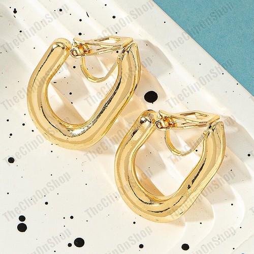 CLIP ON square curved link HOOP EARRINGS smooth plain GOLD FINISH fashion HOOPS - Picture 3 of 4