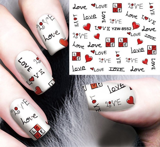 Nail Art Stickers Water Decals Transfers Love Heart Gel Polish For