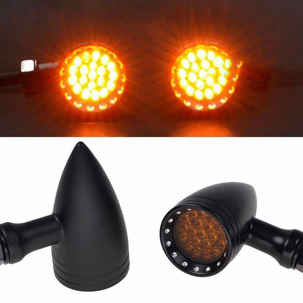 Pair Of Black Bullet Style LED Turn Signals For Harley Davidson & Other Motorcycles - Amber Lens