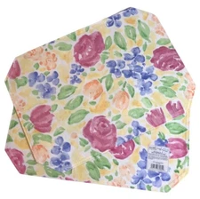 Spring Flowers Placemats Set Of 2 Fabric Roses Colorful Summer Poly NOS Yellow 
