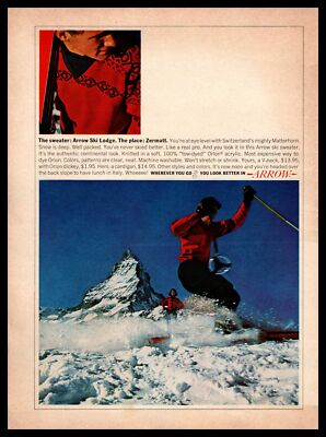 1964 Arrow Ski Lodge Sweater Matterhorn Zermatt Switzerland Vintage Print Ad