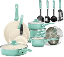 Soft Grip 16 Piece Cookware Set, Non-Toxic Pfas-Free Ceramic Nonstick, Pots, Fry