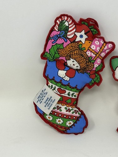 2 Vintage Hallmark CLOTH / FABRIC " STUFFED FULL STOCKING Santa " ORNAMENTS 1979 - Picture 3 of 12