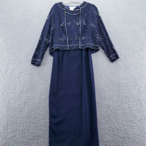 Adrianna Papell Womens Silk 3 PC Evening Dress Suit 8 Petite Blue Beaded MOB