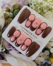 Expresso Press on nails brown hand painted high quality 3D flower 