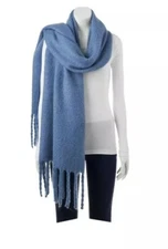 Trendy Blanket Scarf with Braided Trim, Gray Blue Color, NWT Sonoma  - One-Size 