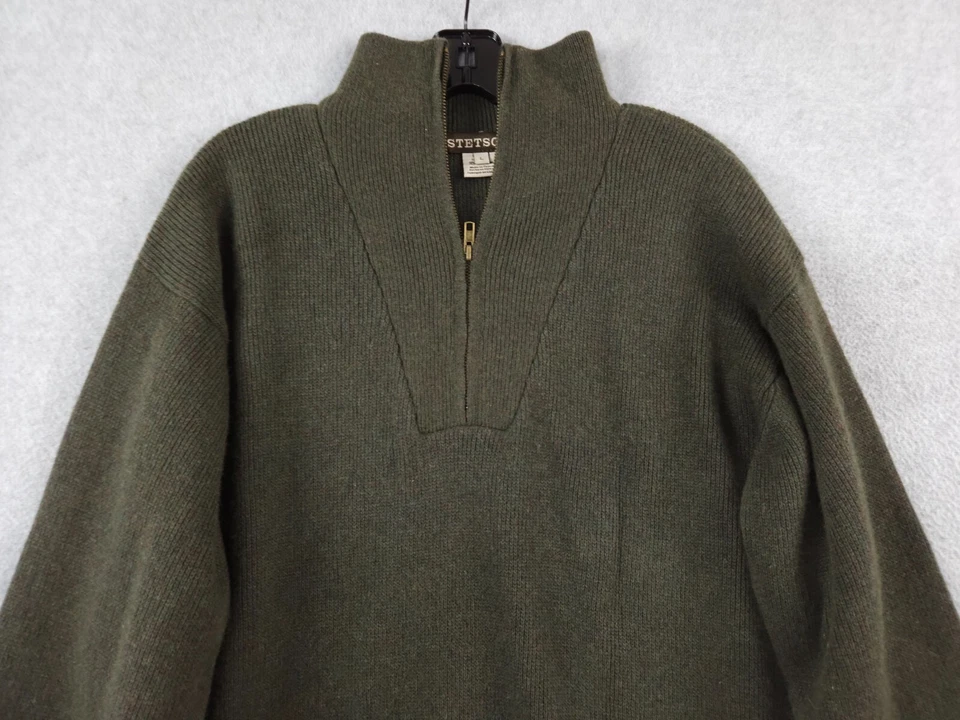 Suéter Stetson Para Hombre Talla Grande L Lana Verde 1/4 Cremallera Manga Larga Con Coderas Foto 2 de 4