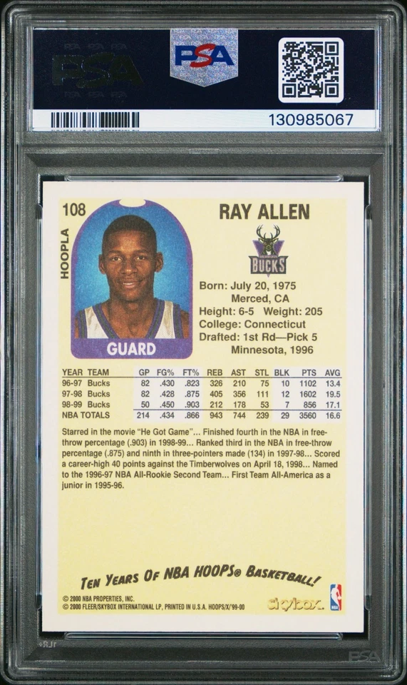 1999-00 Skybox NBA Hoops Decade Hoopla Ray Allen #108 PSA 10 Pop 1 - Image 2 of 2