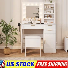 37" Makeup Vanity with Mirror Lights White Vanity Set W/ 3 Drawers Cabinet Chair