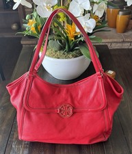 Tory Burch Amanda Easy Tote Bag Cherry Red Dual Shoulder Straps Pebbled Leather