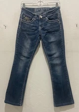 Juniors Miss Chic Blue Jeans Size 1 Fits 26x27 Emboridered Rhinestones Stretch