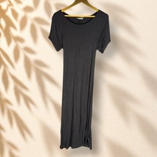 Loft Dress Women M Medium Black Maxi Long Belted Short Sleeve Rayon Casual