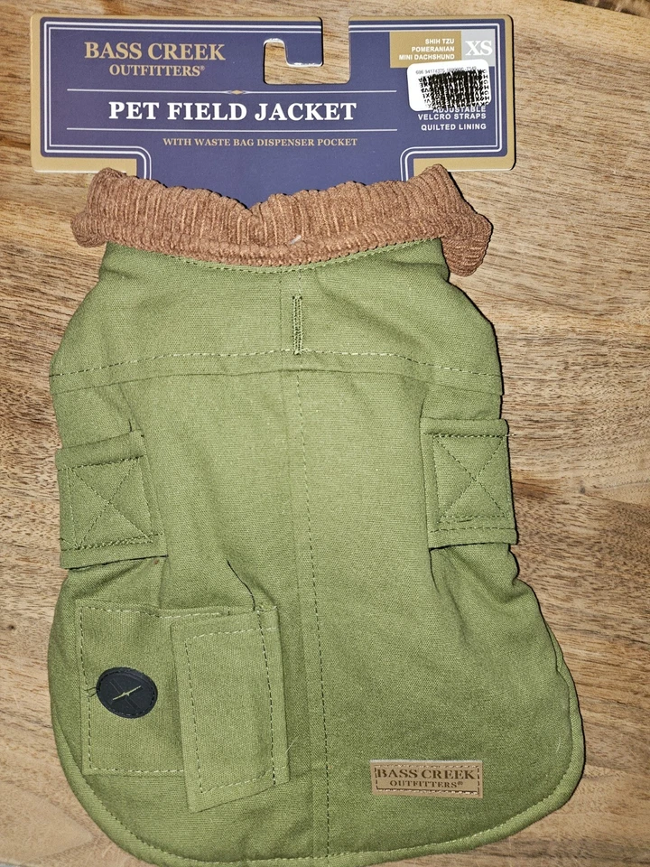 Abrigo de campo de lona verde para mascotas/perros con cuello de pana marrón. Nuevo. Talla XS Foto 3 de 4