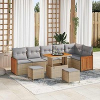 9-Teilige Garten Sofa Set Mit Kissen Beige Poly Rattan Akazie, 3-Teilige Garten