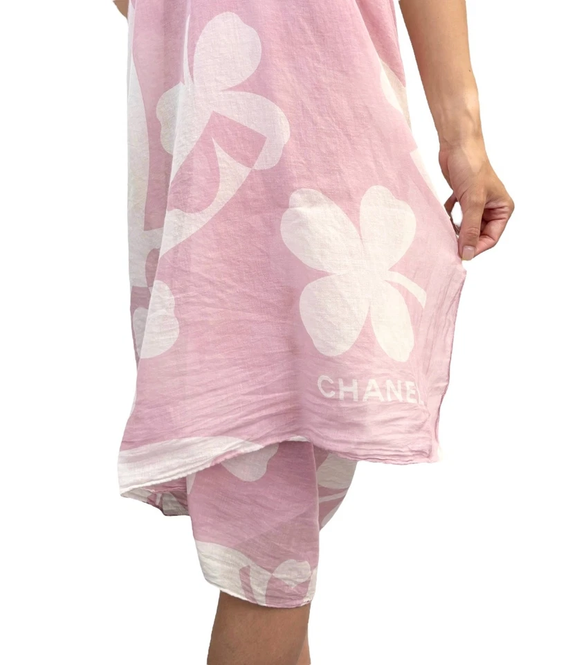 CHANEL Vintage CC Mark Logo Scarf Wrap Shawl Pink White Cotton See-through - Image 4 of 4