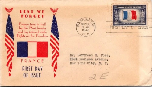 FDC 1943 SC #915 France Lest We Forget Cachet - DC Cancel - Single - J27960