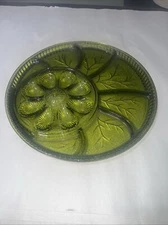 Vintage Indiana Green Glass Deviled Egg Relish Serving Plate Platter 12 3/4”