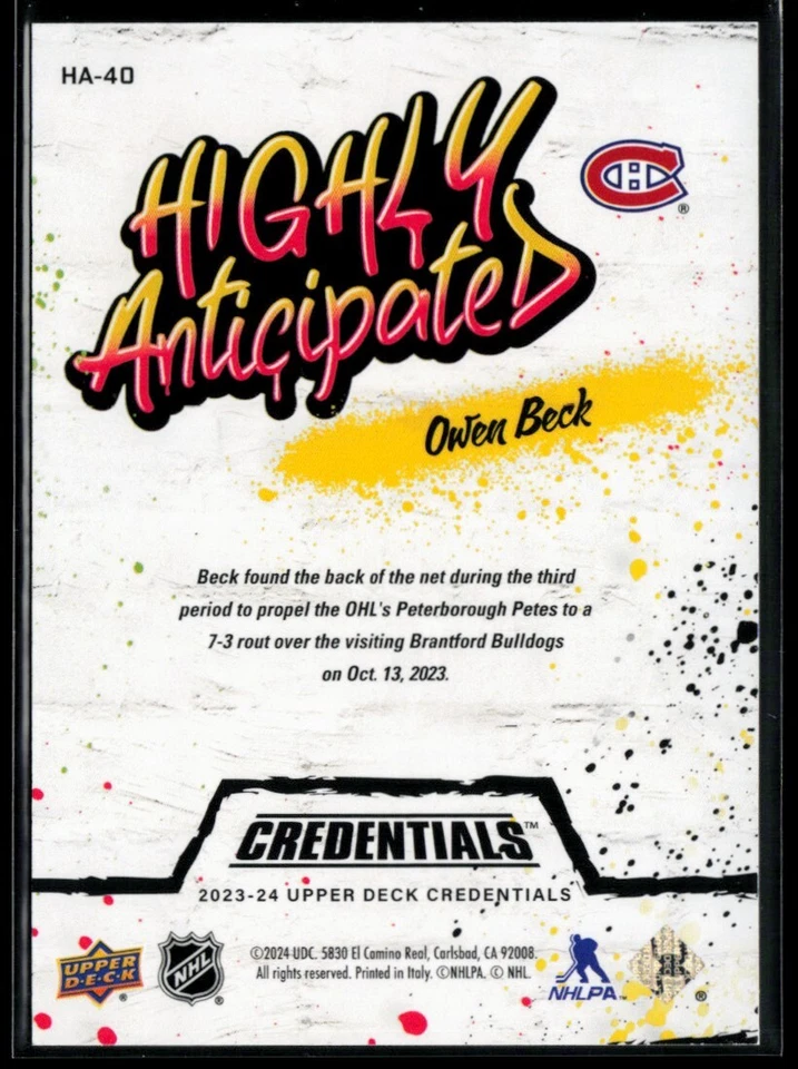 2023-24 Upper Deck Credentials Highly Anticipated #HA-40 Owen Beck RC - Image 2 of 2