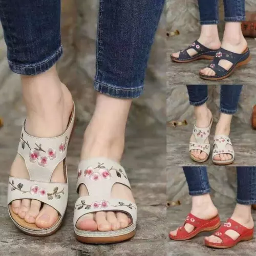 Womens Wedge Heel Slip On Sandals Flower Beach Ladies Walking Mules Shoes Summer - Picture 3 of 18