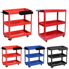 3 Tier Utility Tool Cart Rolling Work Cart W/ 4 Swivel Wheels + Side Tool Slods