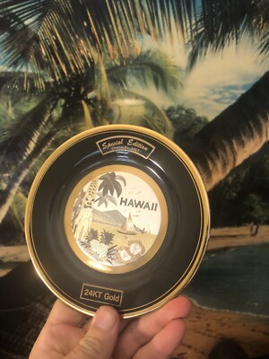 Vintage TIKI Chokin Art Plate Hawaii 24K Gold Edged Mini Palm