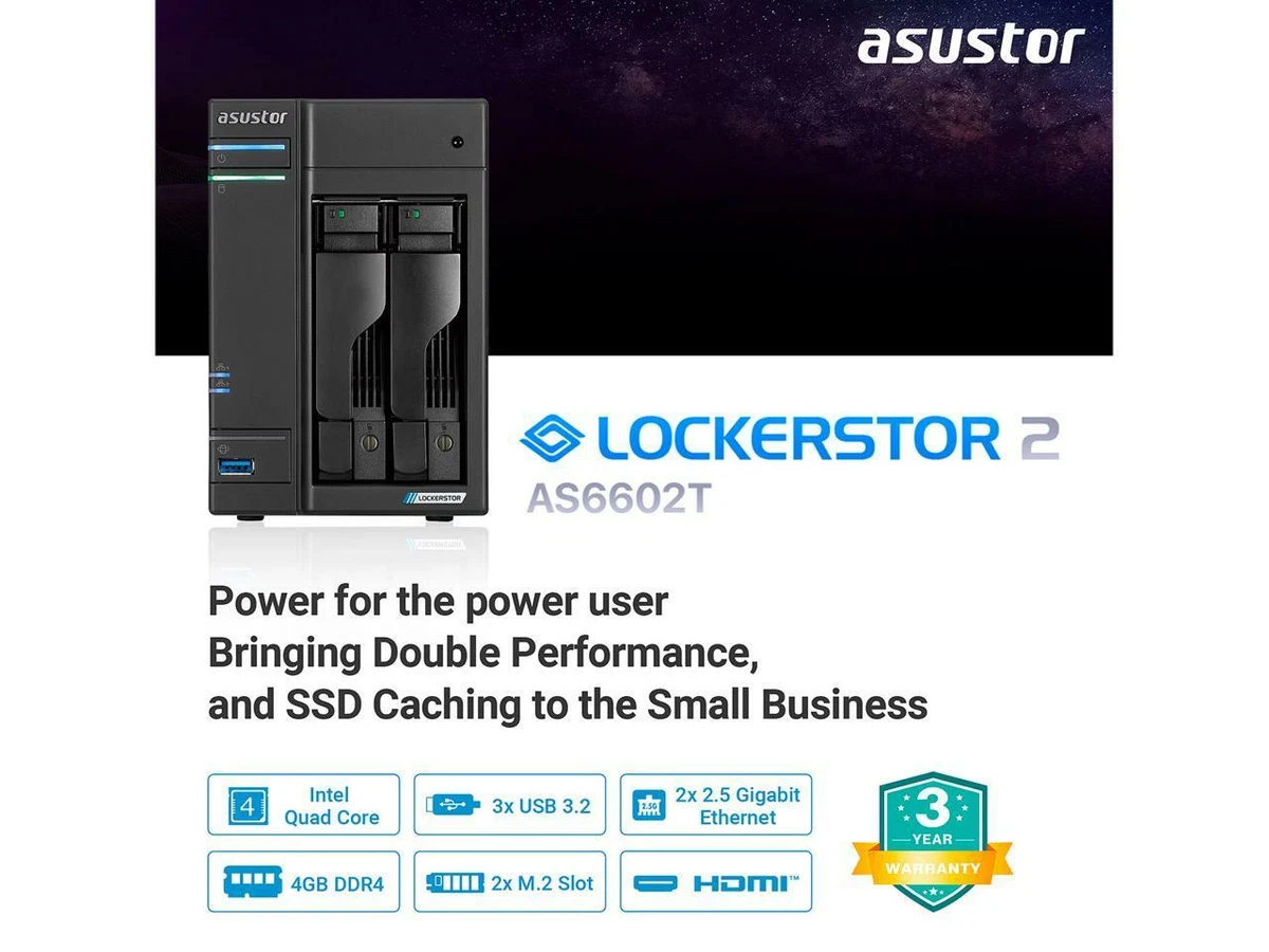 Asustor AS6602T 2-Bay NAS Intel Celeron J4125 Quad-Core 4GB DDR4