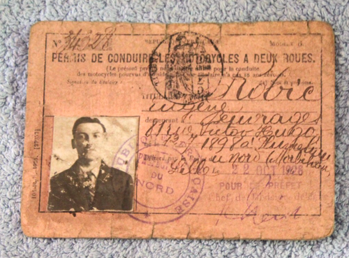 PERMIS DE CONDUIRE MOTOCYCLES A DEUX ROUES 1928 LILLE