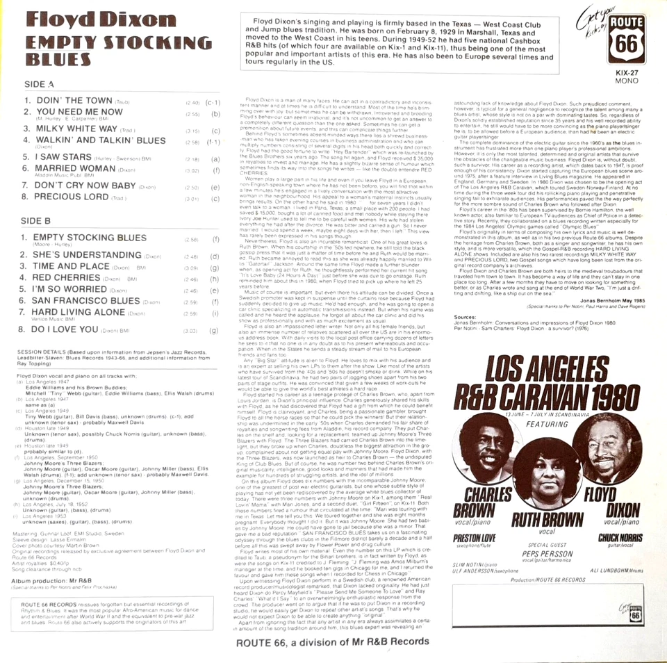 Floyd Dixon: Empty Stocking Blues Vinyl LP 1985 Sweden Route 66. KIX-27 Mono - Image 2 of 2