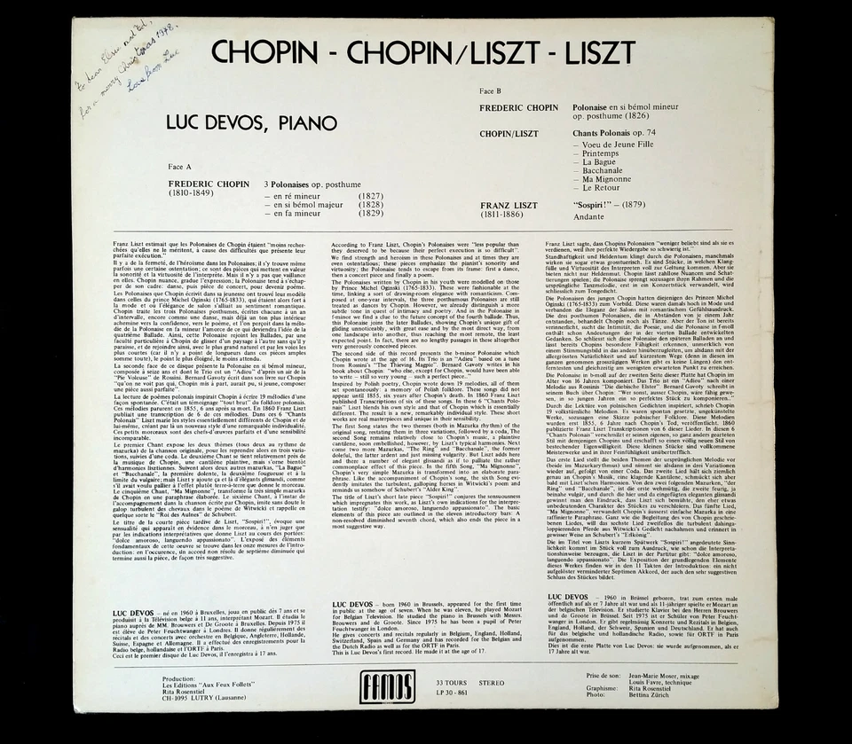 SIGNED Luc Devos : Chopin / Liszt Polonaises; Famos 30-861 Artist's 1st record - Image 2 of 4