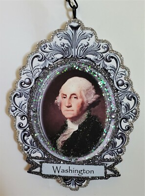 FOUNDING FATHERS - WASHINGTON - Glitter WOOD JULY 4 PATRIOTIC ORNAMENT * Vtg Img