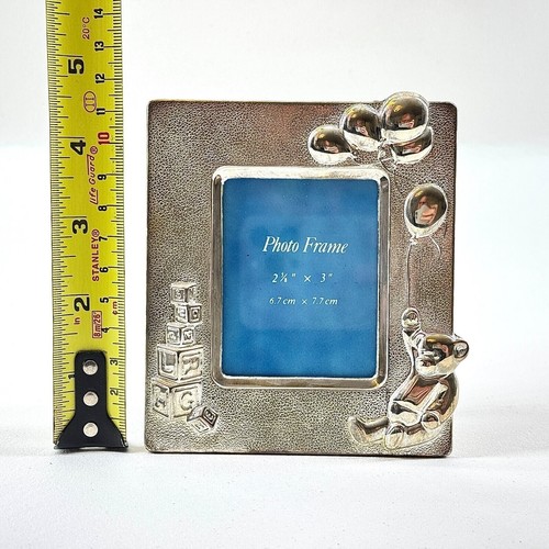 BABY Silver Plated Photo Frame Teddy Bear Balloons Blocks 2.75" x 3" Nursery - Picture 2 of 3
