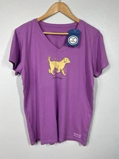 NWT Life Is Good T-Shirt Womens L Purple Tee Graphic Golden Retriever