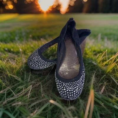 ALDO Black Ballet Flats Studded Rhinestone Toe Cap Elastic Top Line Size 7.5