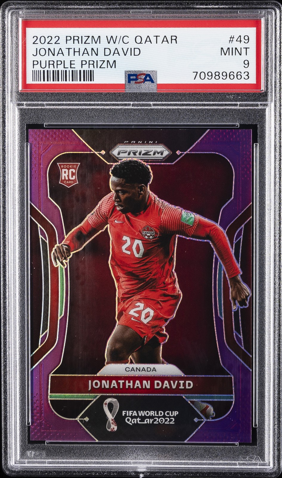 2022 PANINI PRIZM WORLD CUP QATAR PURPLE PRIZM #49 JONATHAN DAVID 106/199 PSA 9