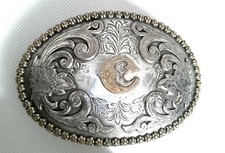 Nocona Western Belt Buckle Silver Gold Floral Oval Letter C