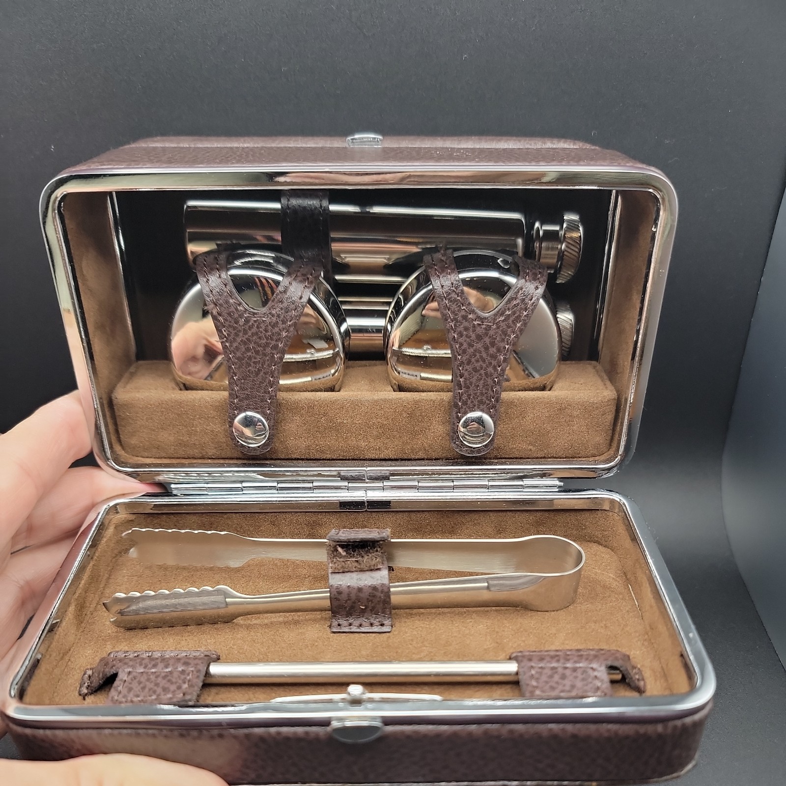 Vintage Mini Portable Travel Bartender Kit Cocktail Bar Set W/ 2-Sided Snap Case